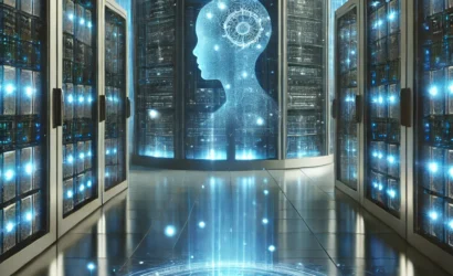 DALL·E 2025-01-30 10.20.09 - A futuristic AI-powered data center with glowing blue servers and holographic data streams representing artificial intelligence processing